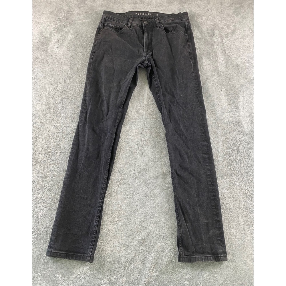 Perry Ellis Mens Slim Fit Black Denim Jeans 30x32 Washed Stretch 5-Pocket Pants